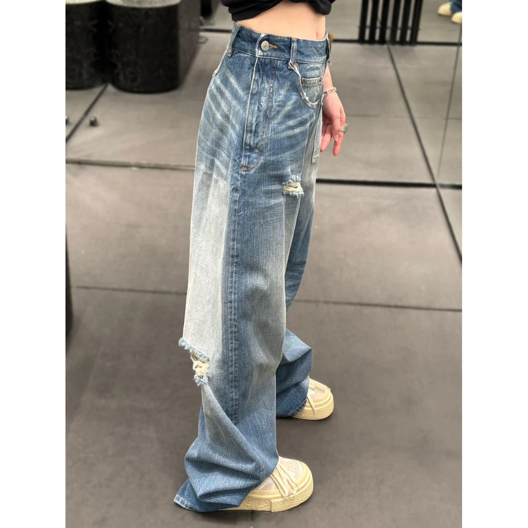 FUYAN芙沿蓝色水洗弯刀牛仔裤女2025新款cleanfit显瘦阔腿直筒裤