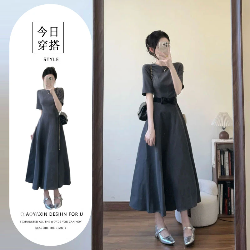 绝美法式短袖连衣裙女夏季纯色简约高级感气质显瘦蝴蝶结收腰长裙