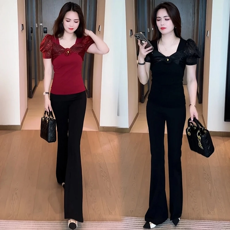 时尚洋气减龄亮片短袖T恤女装性感V领锁骨上衣修身显瘦小衫 327