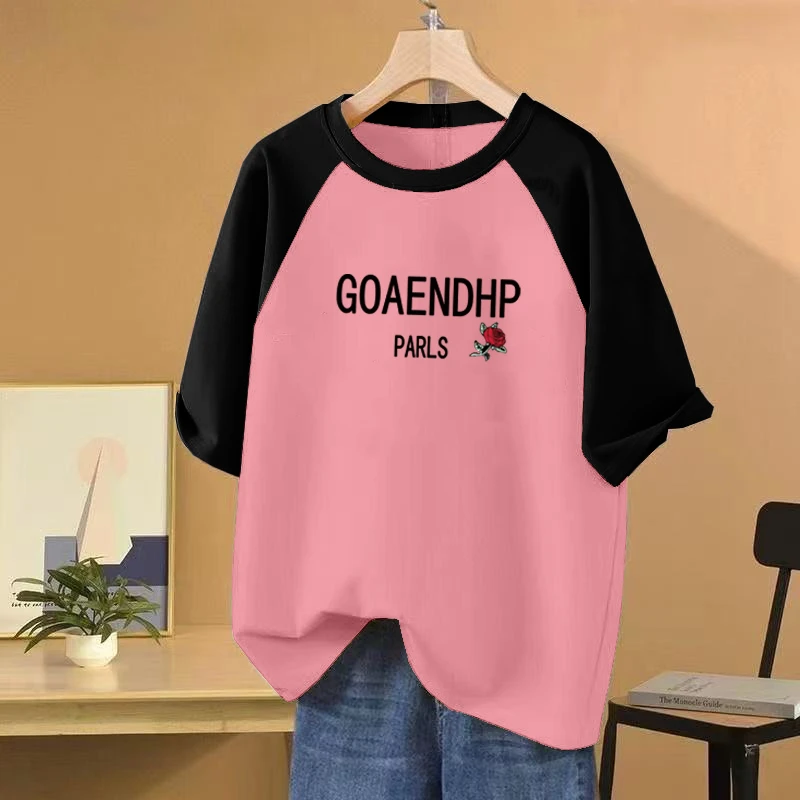 韩版休闲时尚撞色插肩袖纯棉短袖T恤女夏季印花宽松拼接上衣ins风