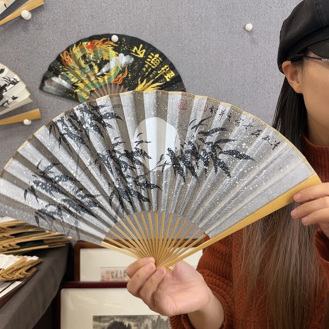 国画10寸玉竹-纯手绘-文玩扇骨（默认粘好）