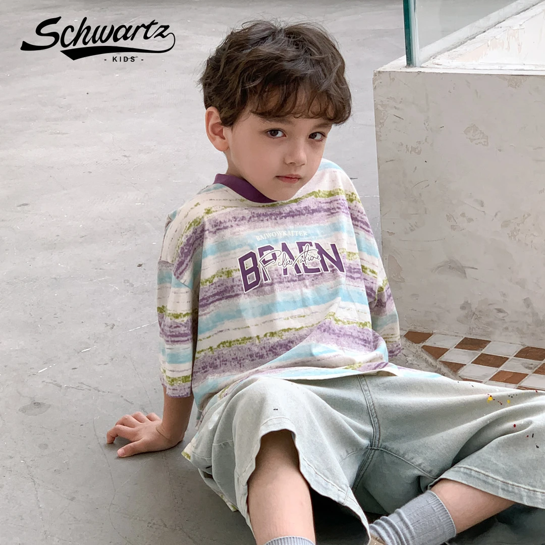schwartz圆领五分袖条纹t恤2025夏季新款男童宽松痞帅潮-9393