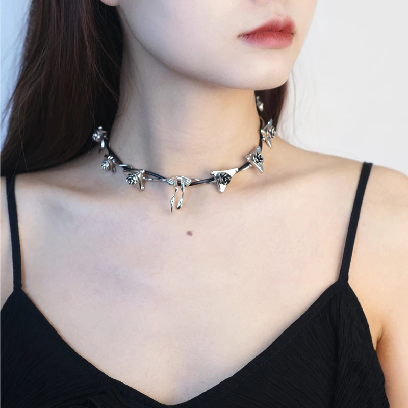 合金皮质项链 【高庭蔷薇】原创设计甜酷藤蔓蔷薇花蝴蝶结锁骨链
