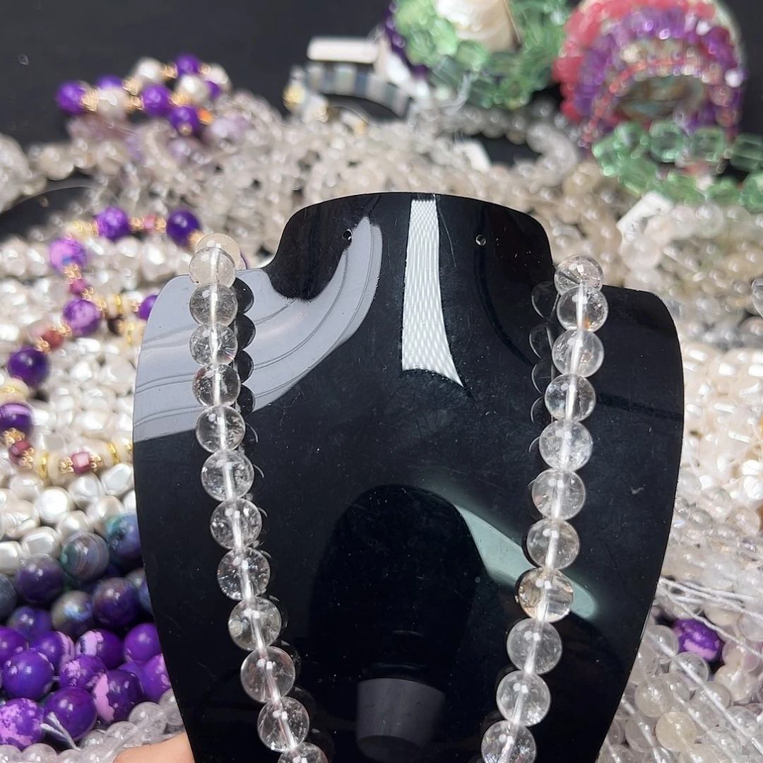 玛瑙/玉髓足银镶嵌珠宝半成品m226 10m 白水晶圆珠 一条