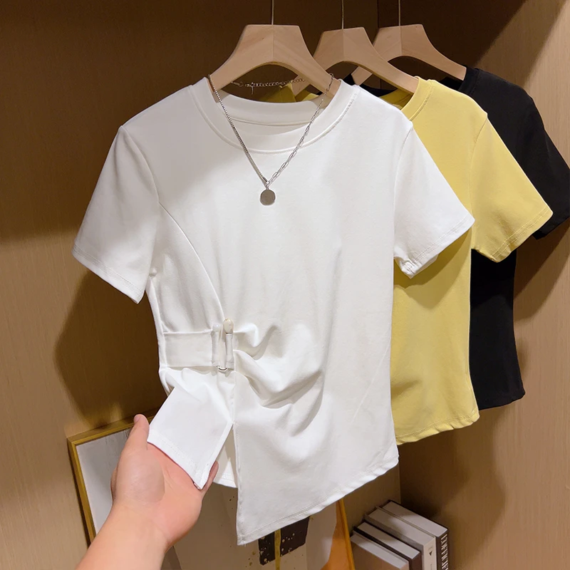 微胖妹妹设计感遮肉显瘦短袖T恤夏季新款简约百搭遮肚子正肩上衣