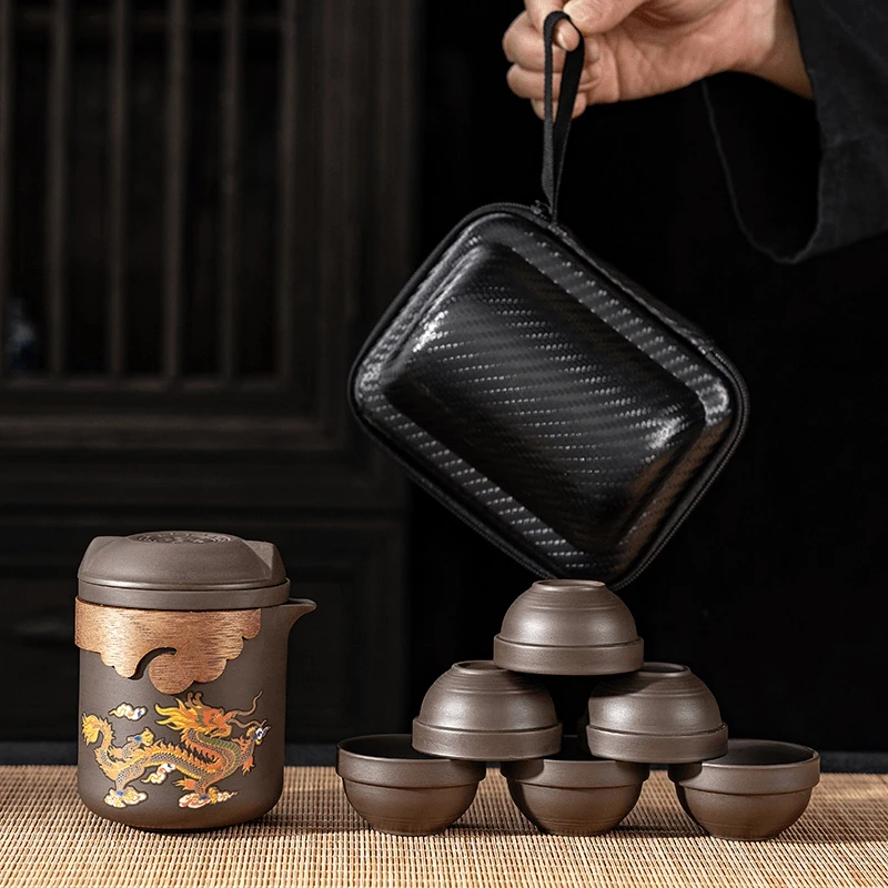 龙凤呈祥变色紫砂壶原矿朱泥带茶滤茶杯大容量泡茶壶便携旅行茶具