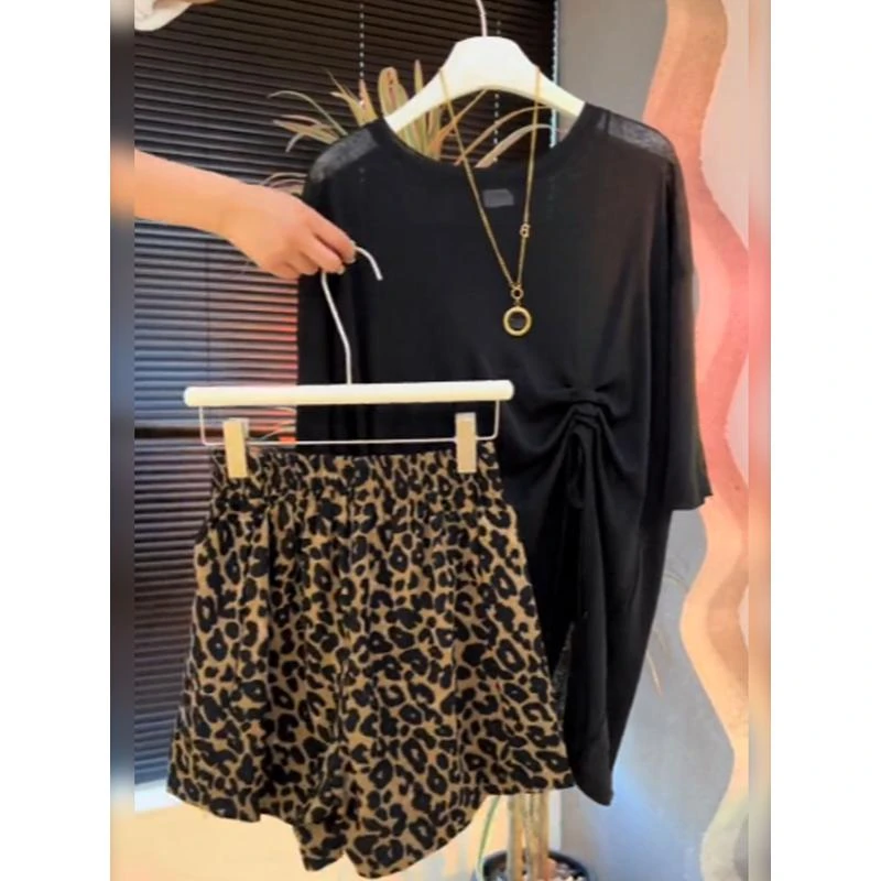 夏季抽绳开叉微透薄纱罩衫五分袖t恤女豹纹阔腿短裤休闲两件套装