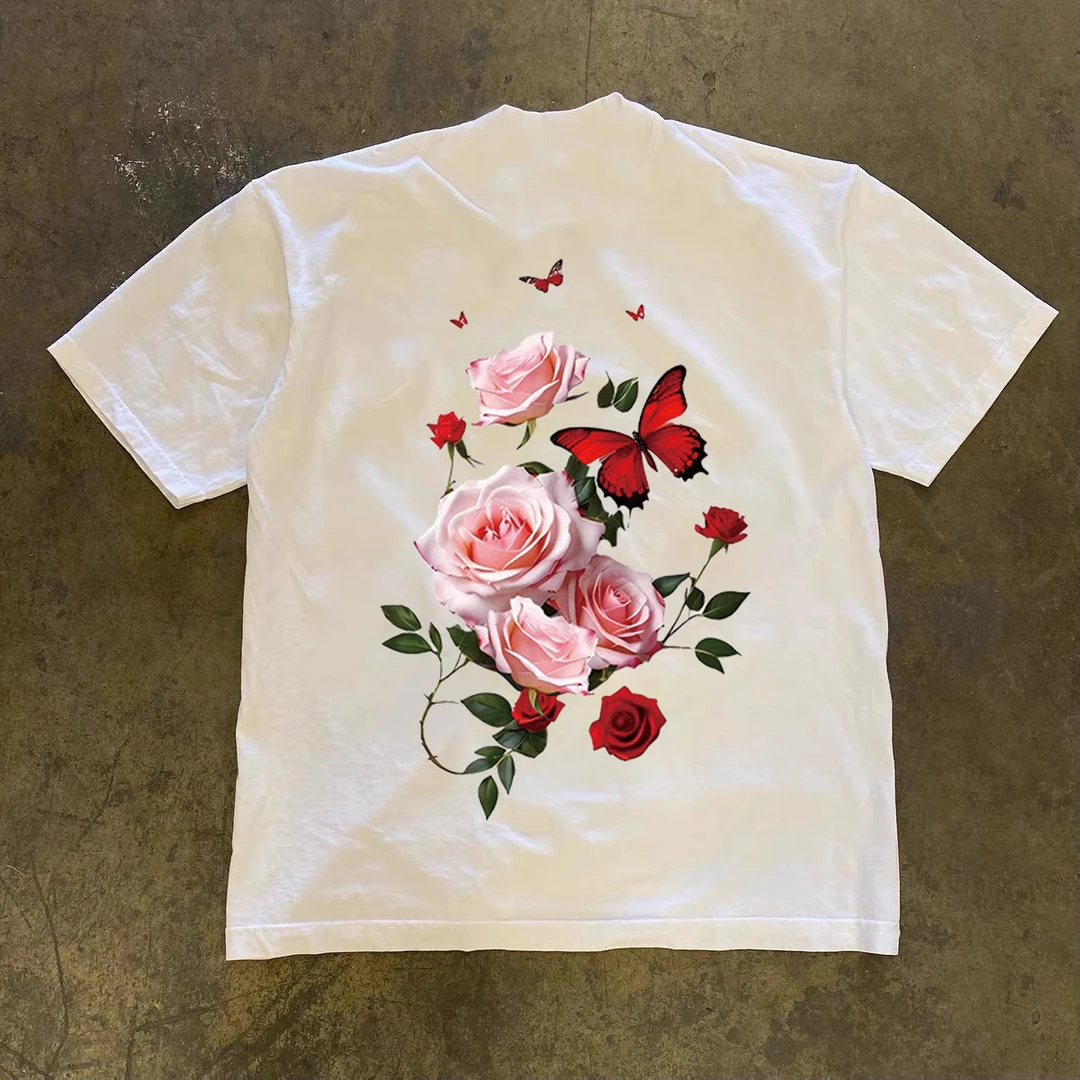 230g蝴蝶花朵夏季新款短袖休闲薄款印花ins洋气男款韩版圆领时尚