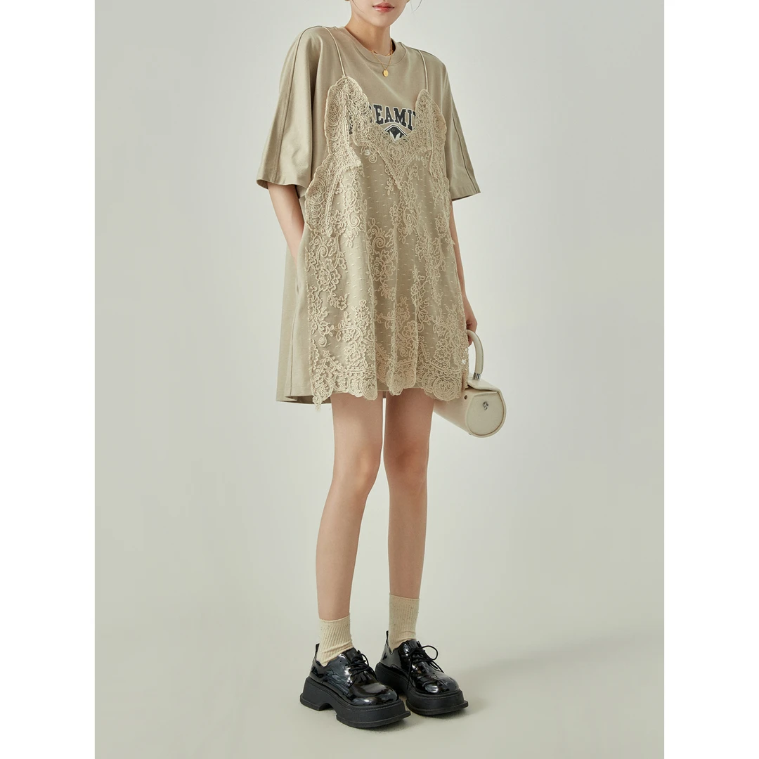 法式气质复古蕾丝裙子假两件设计感短袖连衣裙2025女新款