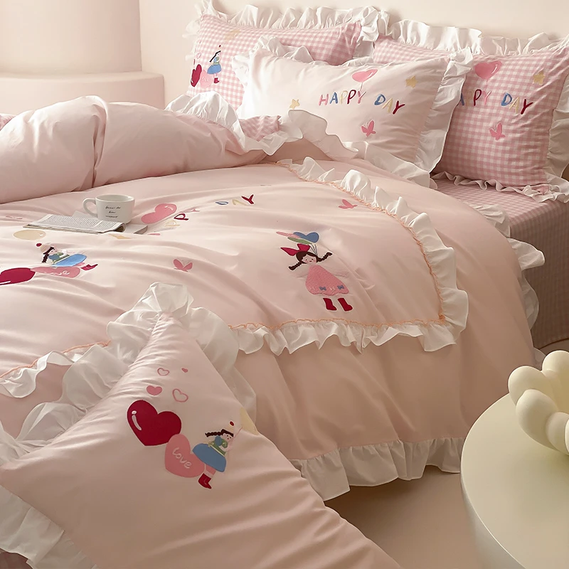 少女心纯棉水洗棉四件套全棉花边被套公主风儿童女孩床单床上用品