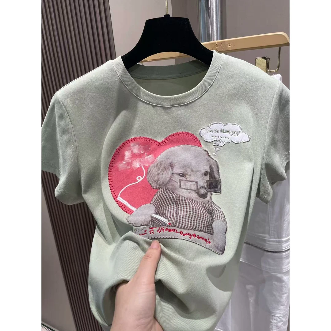 南油高货--爱心学习小狗图案印花短袖T恤女装--工厂货源--W3479