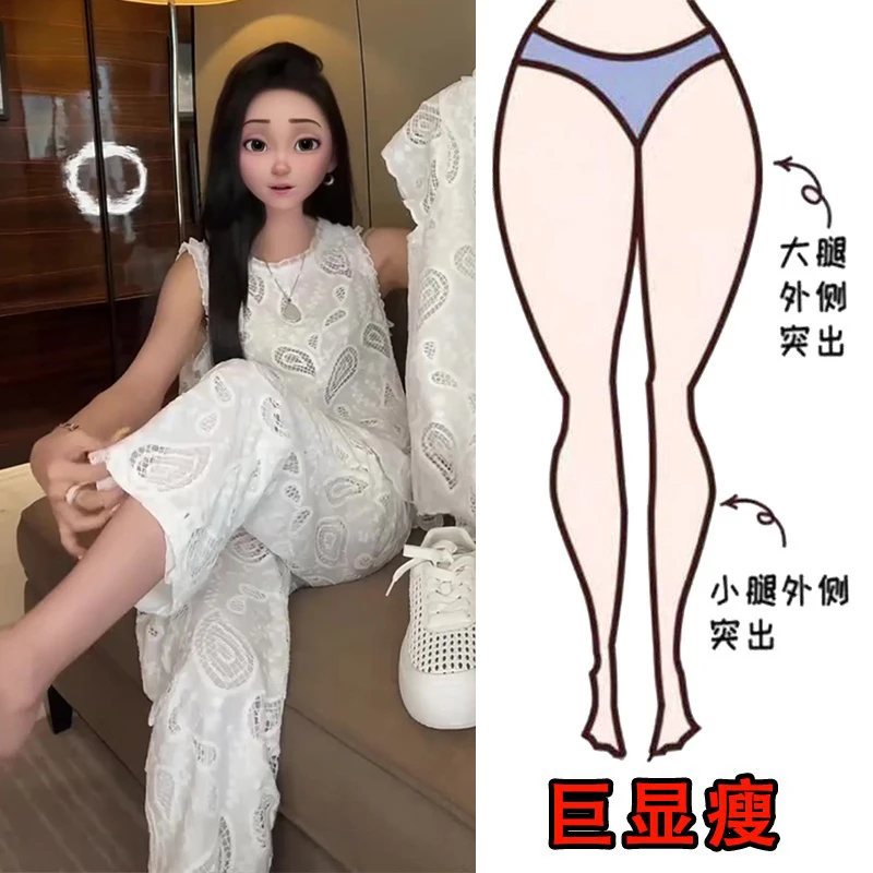 2025夏季薄款大码女装休闲刺绣钩花镂空休闲短袖阔腿九分裤两件套