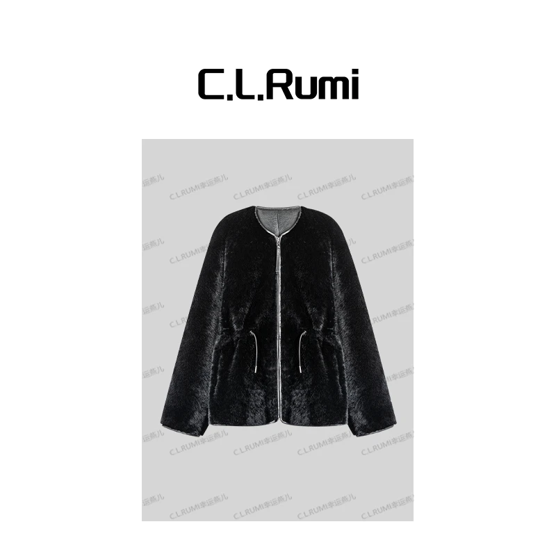 【Rumi精选】“黑桃”25冬季轻奢抽绳圆领羊皮毛一体皮草大衣7415wt