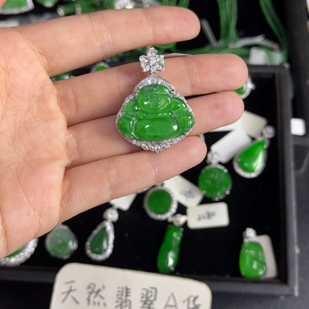 翡翠银S925镶嵌戒指佛公吊坠