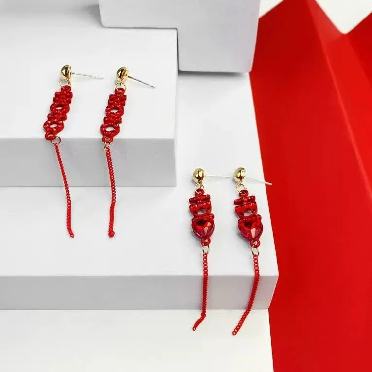 铜合金锆石耳饰 新红色喜字流苏耳环喜庆时尚耳坠百搭长款耳饰气