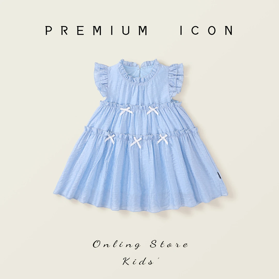 女童蓝色小飞袖花边连衣裙2025夏季宝宝韩版度假风肌理褶皱蛋糕裙