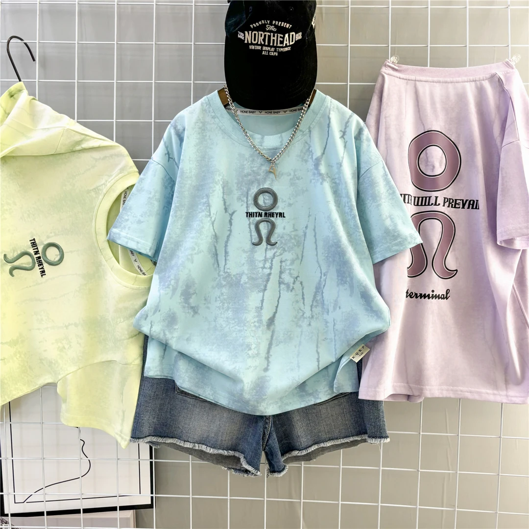 2025个性刺绣印花ins潮童T恤夏季百搭宽松上衣