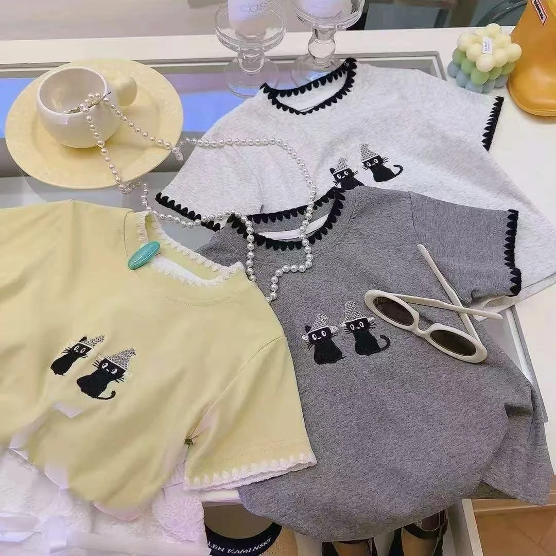 新款2025韩版夏季纯棉女童时尚可爱风刺绣萌趣小猫短袖休闲百搭T