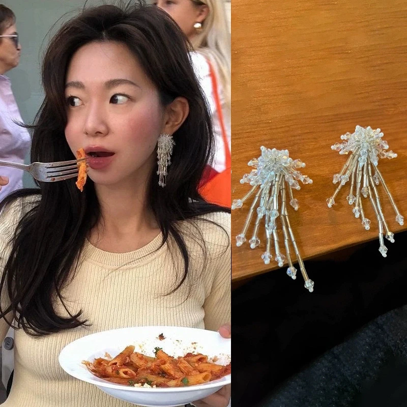 非金属仿水晶耳饰 925银针fever同款手工流苏串珠耳环米珠耳钉女