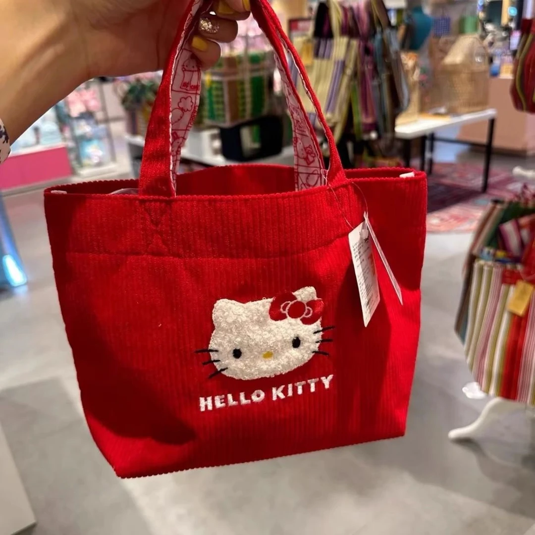 时尚百搭可爱kitty手提包灯芯绒大容量少女心小托特便携外出便当