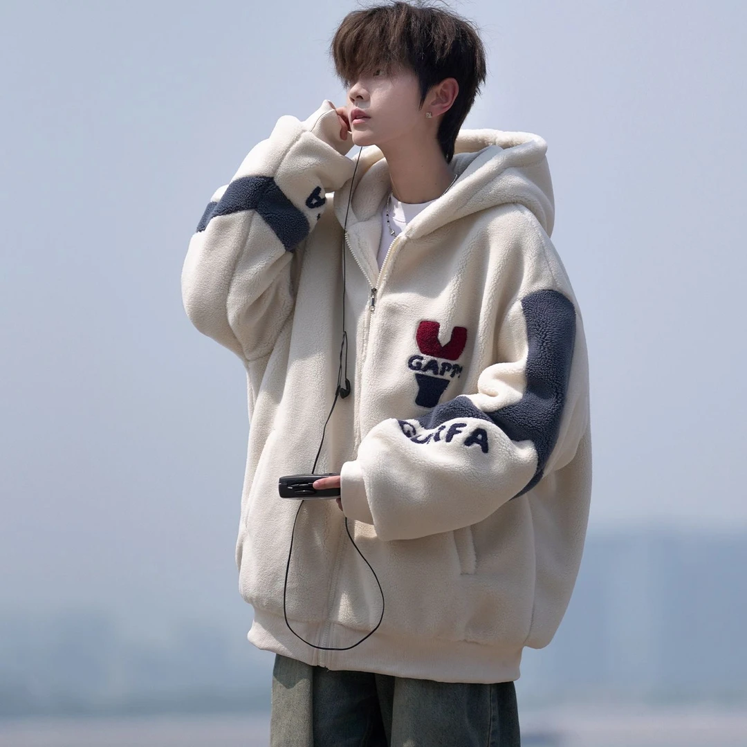 羊羔绒外套男秋冬季加绒加厚宽松连帽棉衣夹克青少年冬装防寒棉服
