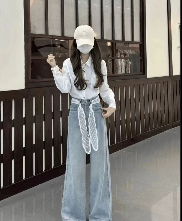 【现货+运费险】2025早秋新款冰川蓝韩版高腰阔腿直筒牛仔裤女百搭