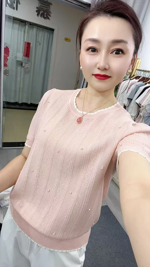 夏季冰凉透气重工钉珠圆领百搭时尚小衫