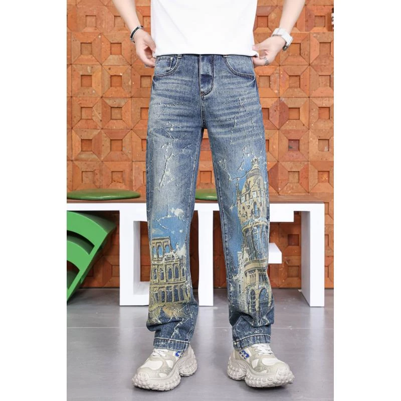2025春夏新款男士牛仔裤网红个性印花休闲帅气百搭潮流青年直筒裤
