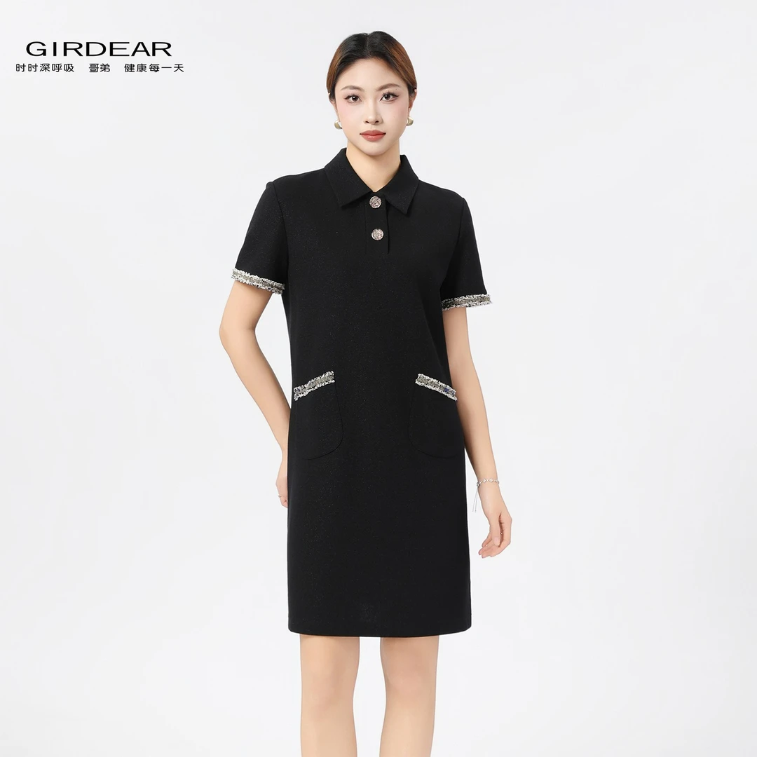 GIRDEAR/哥弟新款小香风显瘦直筒polo领短袖连衣裙黑色150007