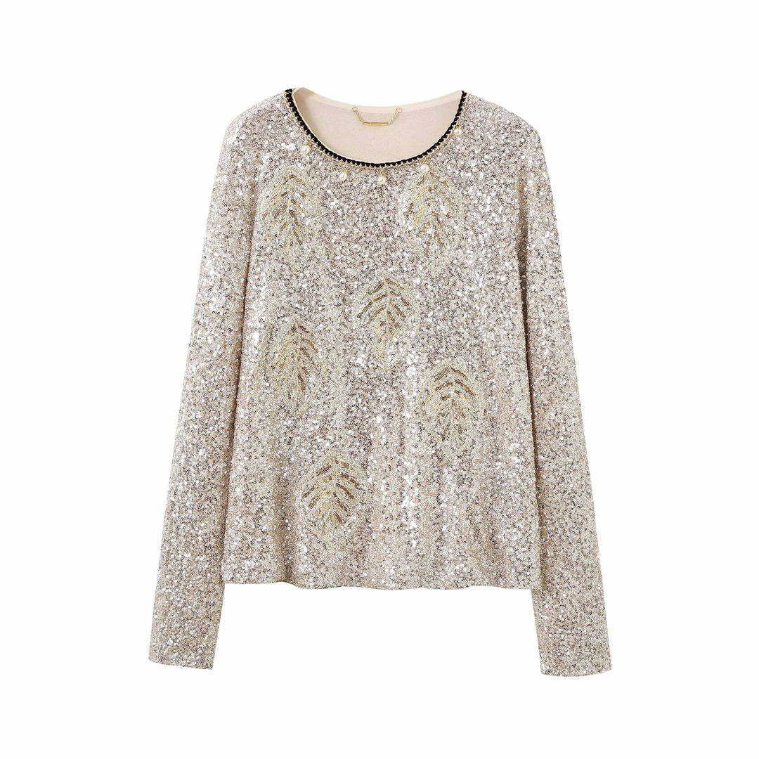 【半场香槟】名媛款时尚香槟 亮片领口珍珠 长袖上衣（R-C158）