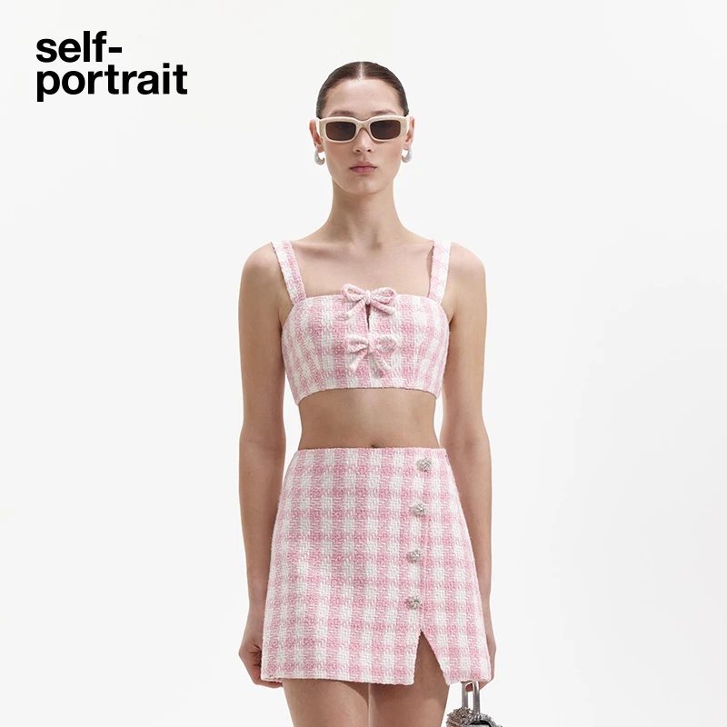 self-portrait 春夏新款红粉格子编织粗花呢蝴蝶结吊带背心