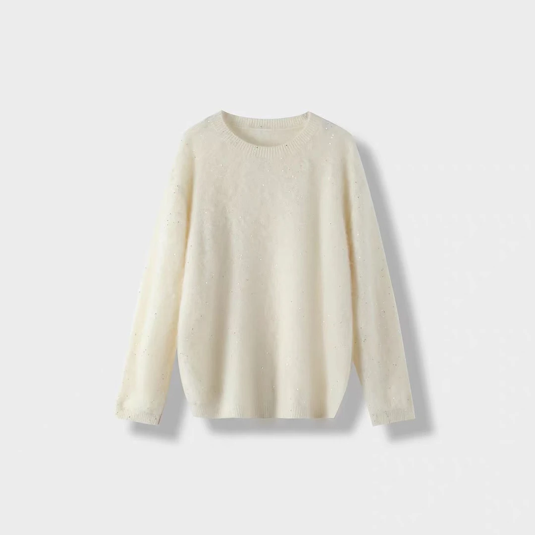 亮片圆领拉绒针织套头衫