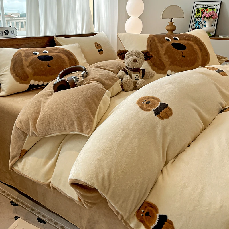 牛奶绒【毛毛狗】床上美拉德四件套加厚加绒法兰绒被套三件套床单冬