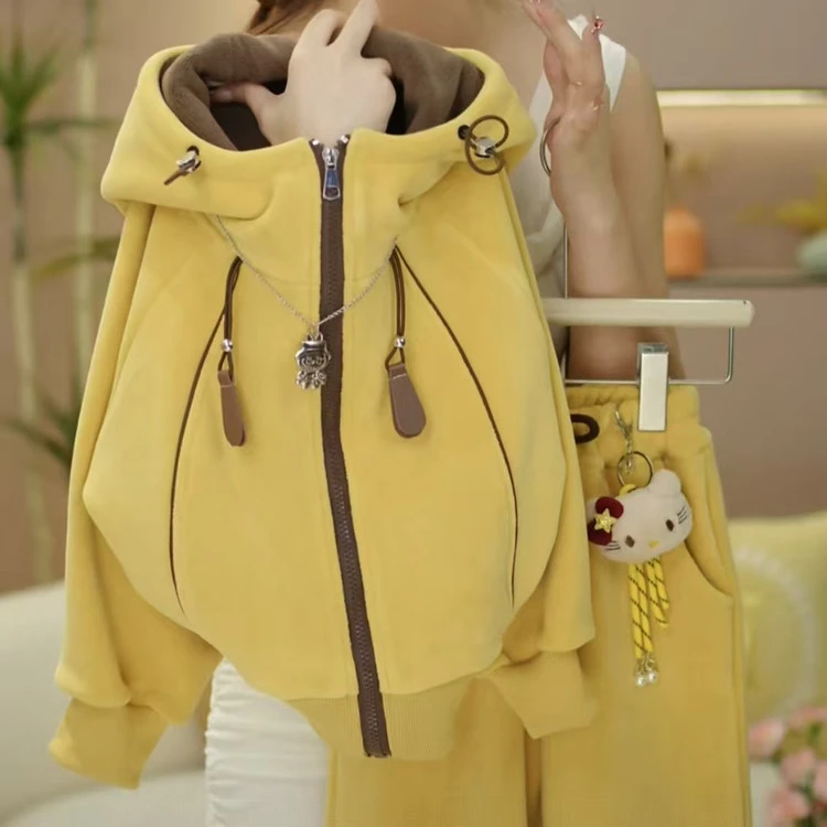 现货【送挂件】秋冬男女童加绒加厚开衫外套洋气运动连帽奥粒绒套装