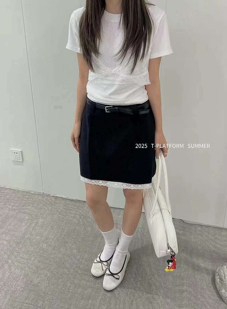 TT 福（1tt15563#）西装面料、拼接蕾丝边半身裙 4-28