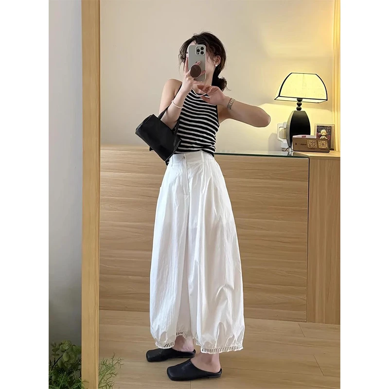 韩系氛围感复古条纹上衣慵懒风松弛感镂空蕾丝拼接灯笼裤气质套装