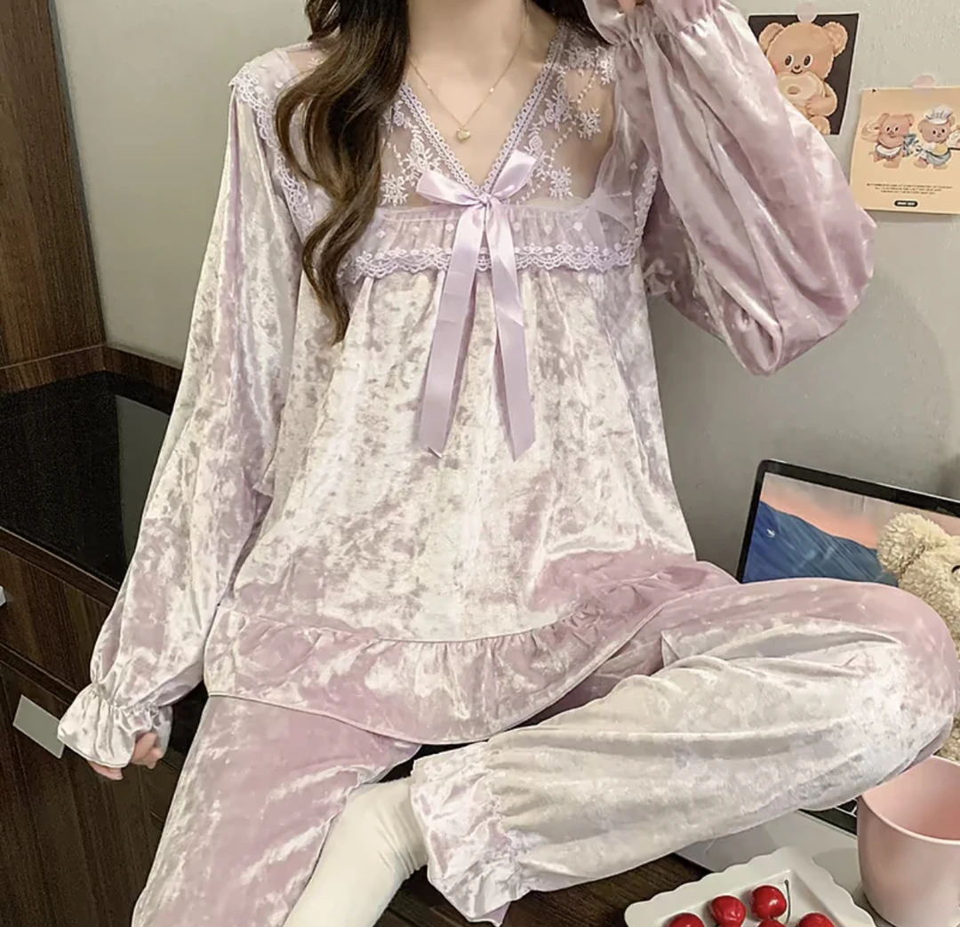 睡衣女士春秋款金丝绒网红款公主风冬季蕾丝花边家居服套装4026