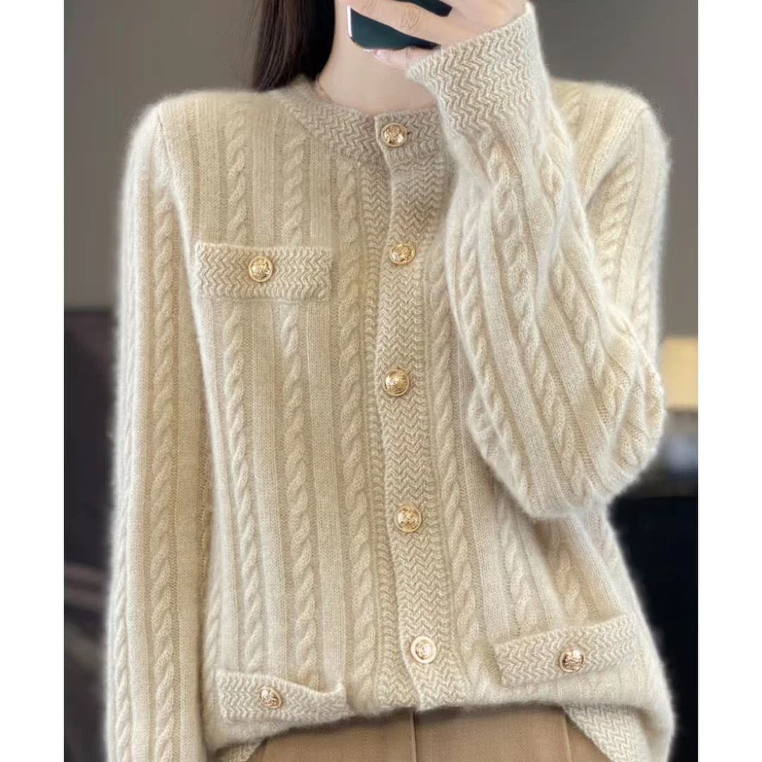 涵玖玥【100羊毛】小麻花纽扣精致小香开衫外套上衣Zm07-052