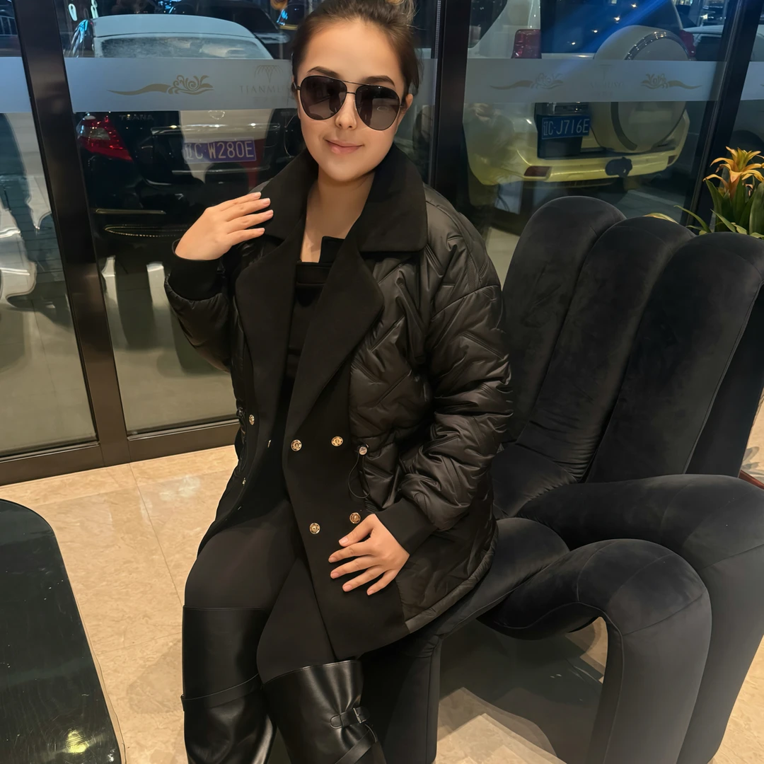 大码女装秋冬新款韩版洋气拼接翻领毛尼拼接收腰显瘦夹棉棉服外套