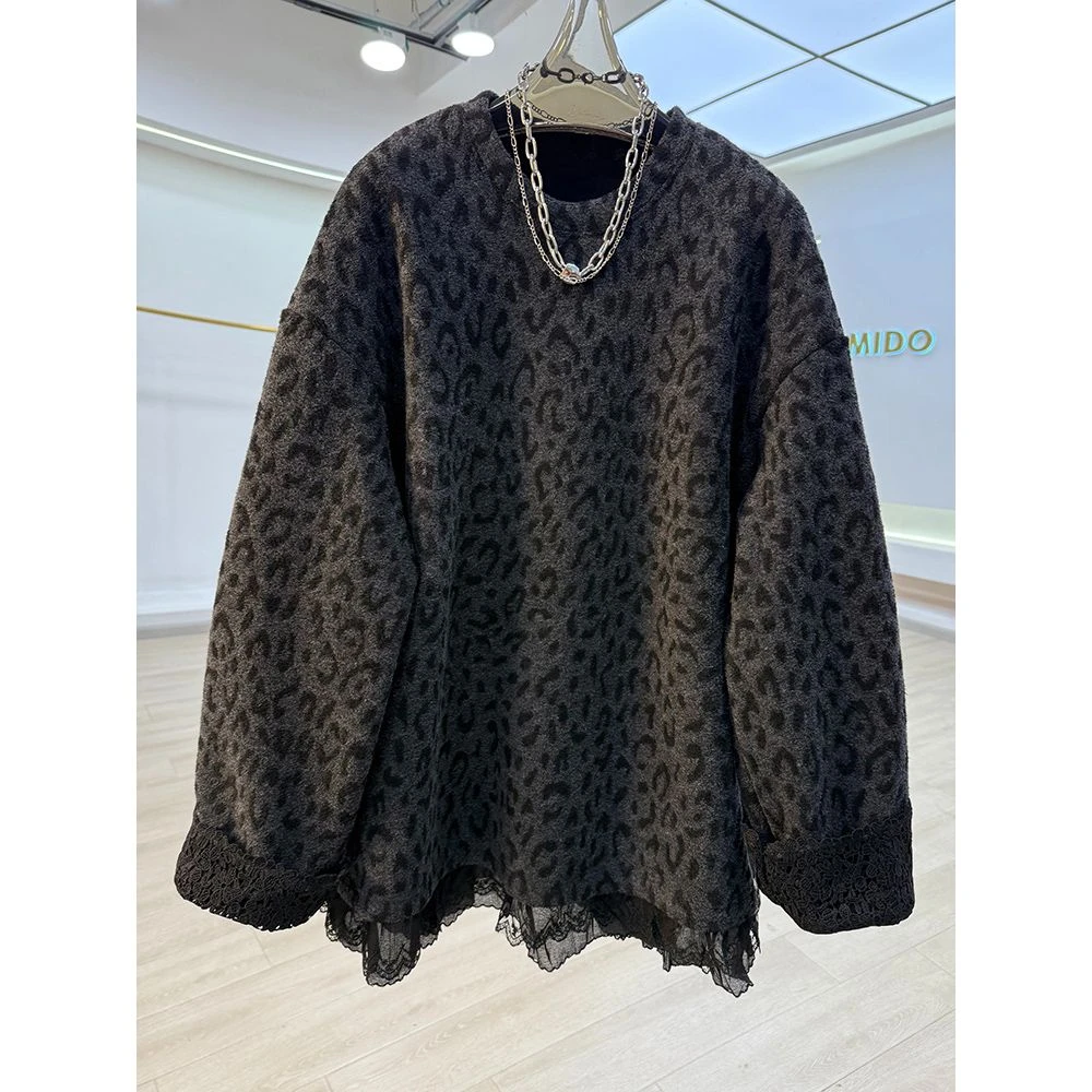 胖妹妹240斤大码高级感下摆蕾丝拼接加绒加厚豹纹卫衣女秋冬新款