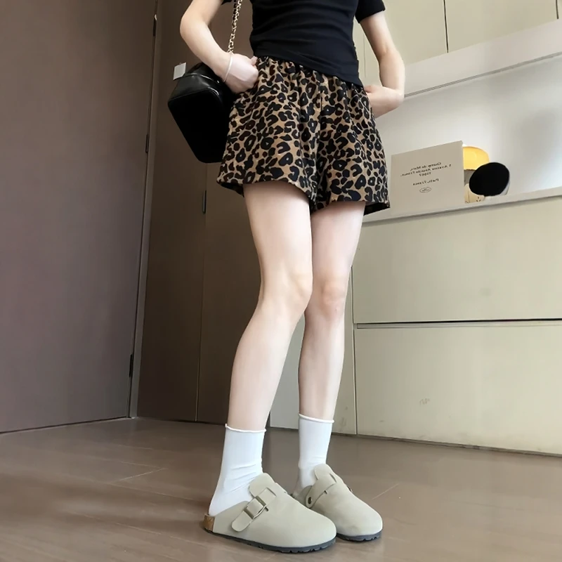 胖MM大码豹纹休闲短裤女夏季薄款高腰宽松显瘦遮胯a字阔腿运动裤