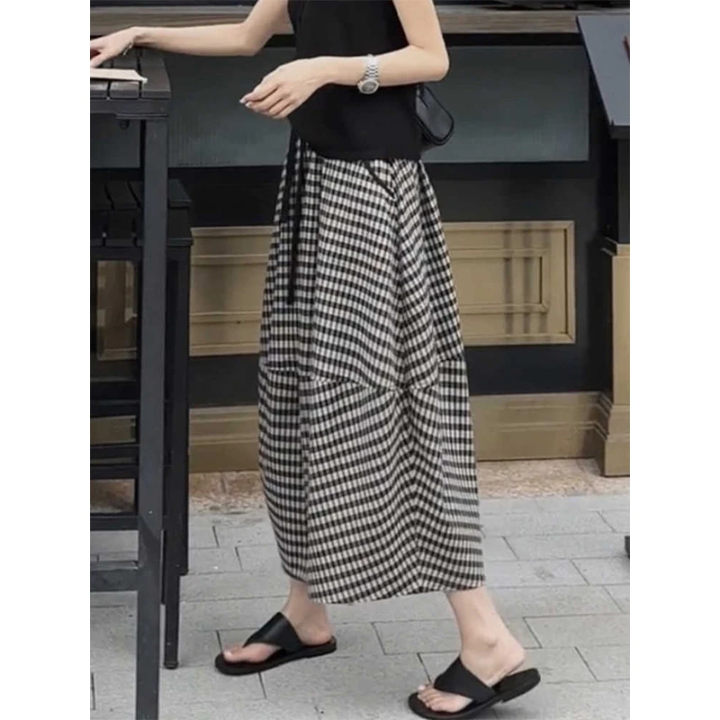 格子半身裙子女夏季新款大码胖mm花苞大摆裙不规则设计百搭格子裙