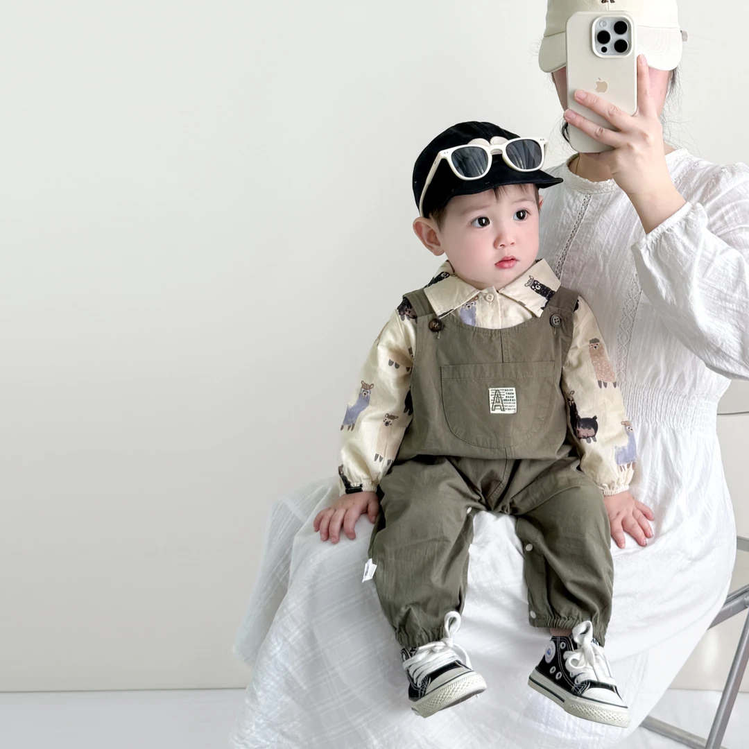 2025春装新款婴儿工装背带裤超萌可爱衬衫洋气宝宝连体两件装潮