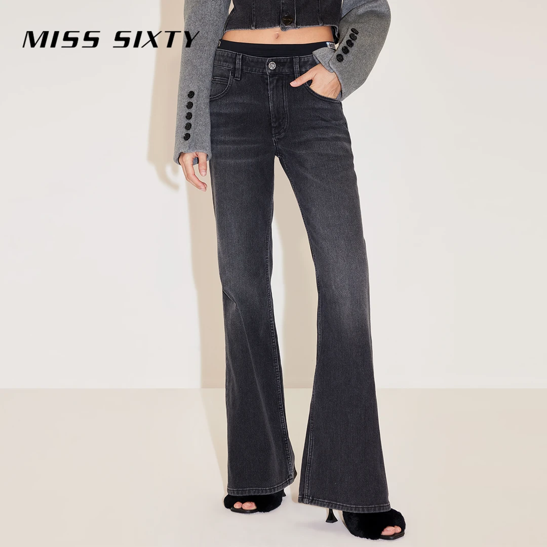 【贤哥专享】Miss Sixty抓毛牛仔裤拼接腰修身显瘦微喇裤1830