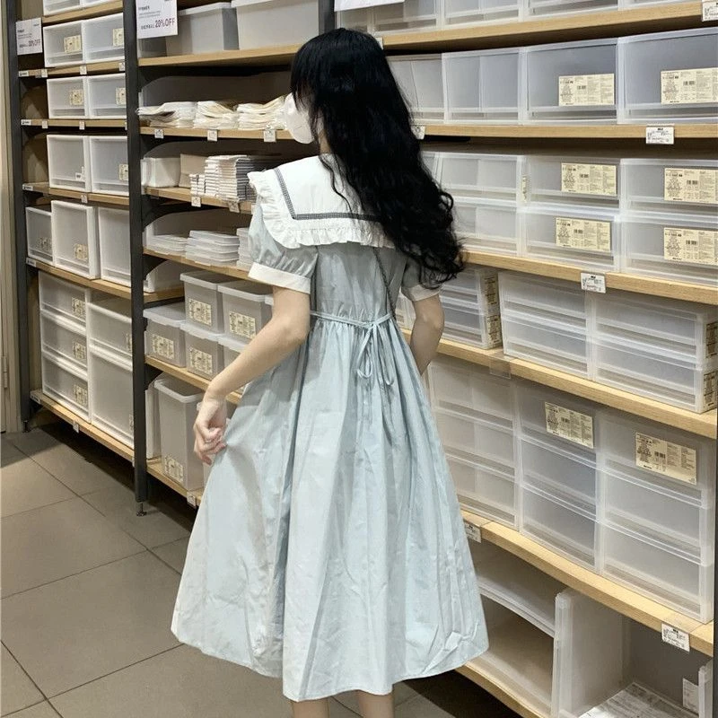 森系海军领连衣裙少女夏季新款初中高中学生学院风过膝小个子裙子