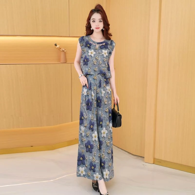 夏季时尚修身洋气百搭显瘦减龄印花无袖上衣与阔腿裤套装碎花气质