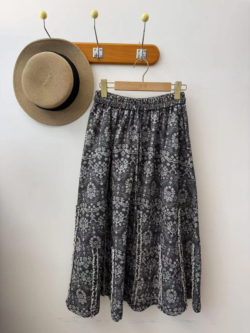 日系文艺百搭松紧腰系带抽绳色织半裙 （裙长85腰围62-110）