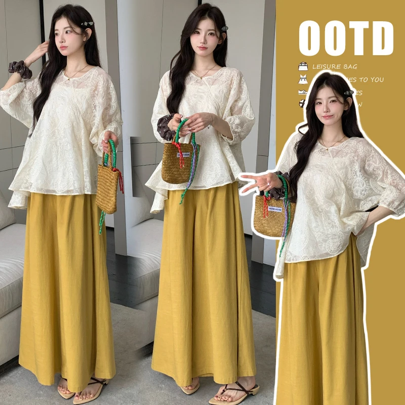 孕妇装2025夏装爆款韩系不规则刺绣上衣宽松显瘦阔腿裤孕妇两件套