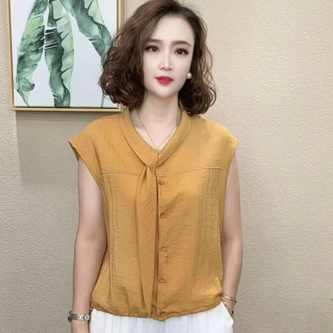 2025夏季薄款妈妈装短袖t恤女洋气系带纯色小衫宽松遮肚减龄上衣