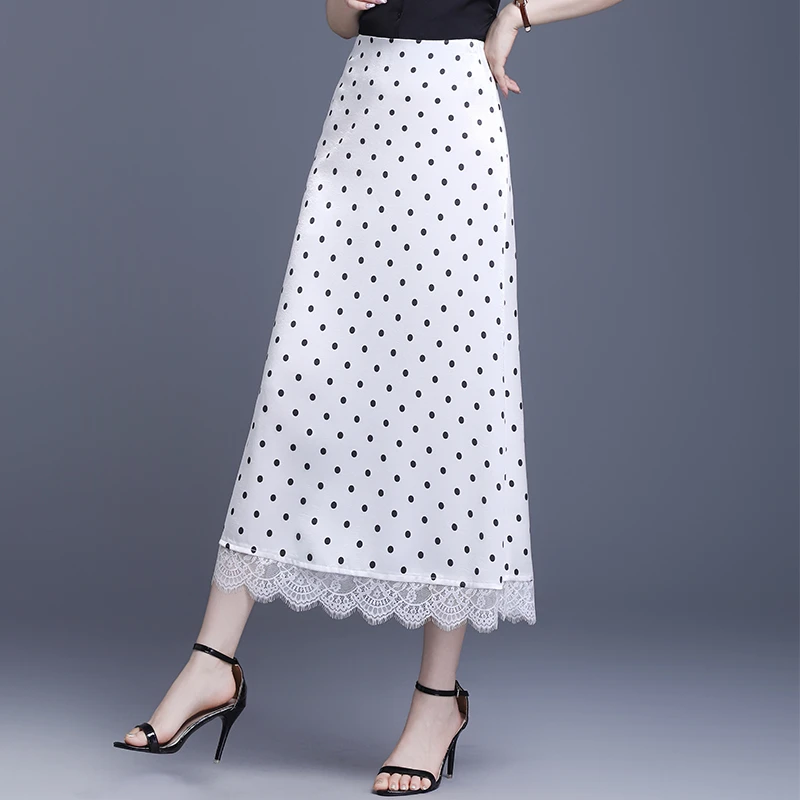 蕾丝花边波点缎面半身裙女气质高级感a字裙2025夏季新款波点长裙